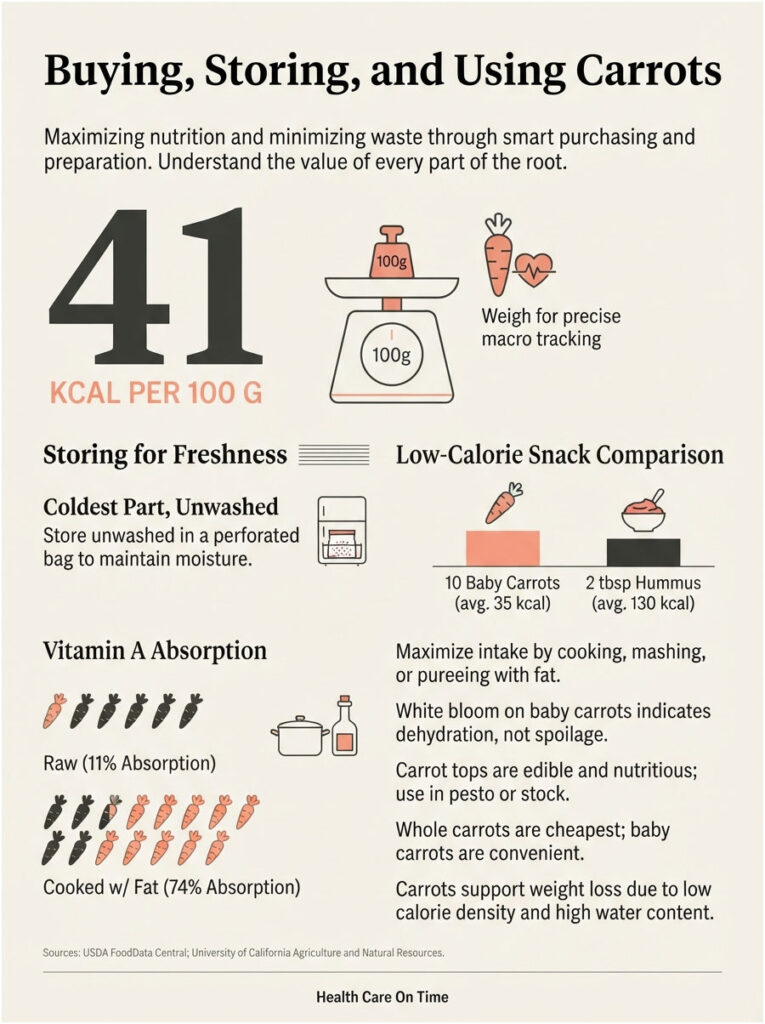 Infographic on buying, storing, and using carrots, featuring calorie count, storage tips, and vitamin absorption data.