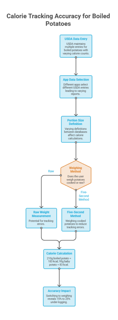 Flowchart detailing calorie tracking accuracy for boiled potatoes, including data entry and weighing methods. Infographic.