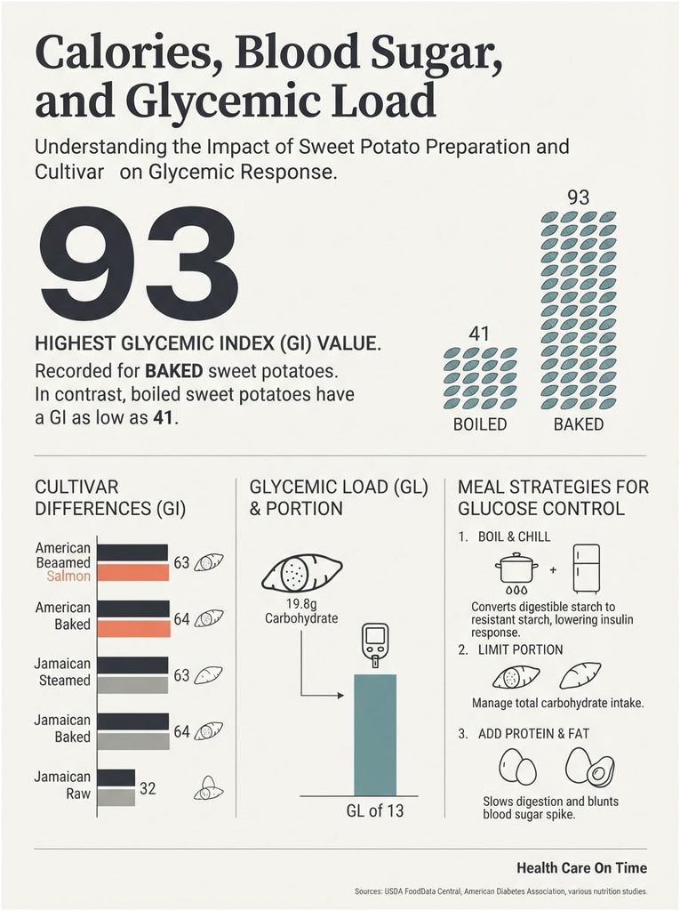Infographic showing glycemic index values of baked and boiled sweet potatoes, with meal strategies for glucose control.