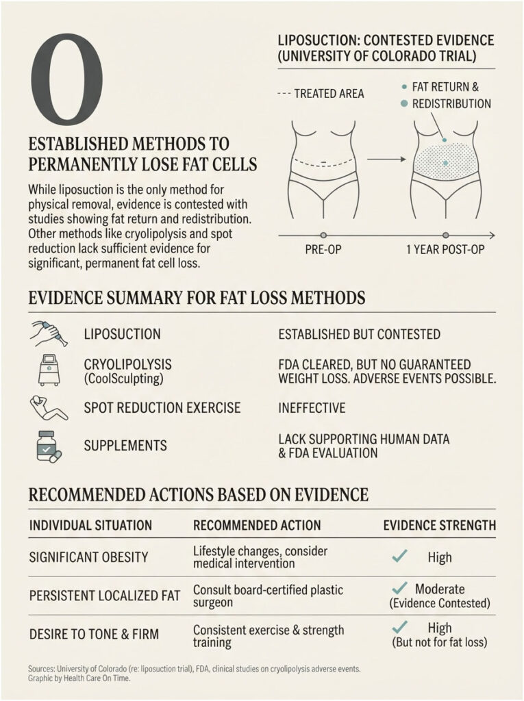 Infographic detailing fat loss methods, including liposuction, cryolipolysis, and exercise, with evidence summaries.