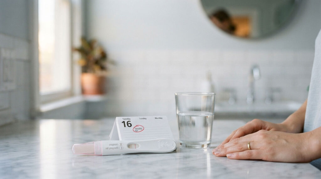 A woman’s hand rests beside a pregnancy test and a glass of water on a marble countertop.