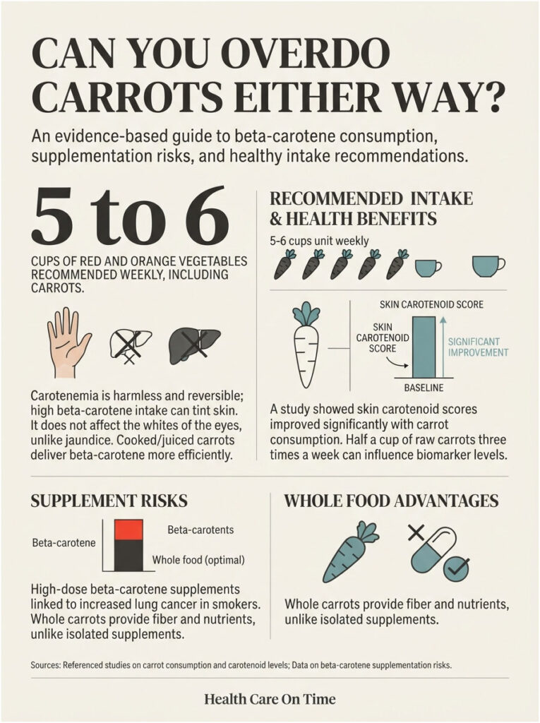 Infographic showing carrot consumption recommendations, health benefits, and risks of beta-carotene supplements.