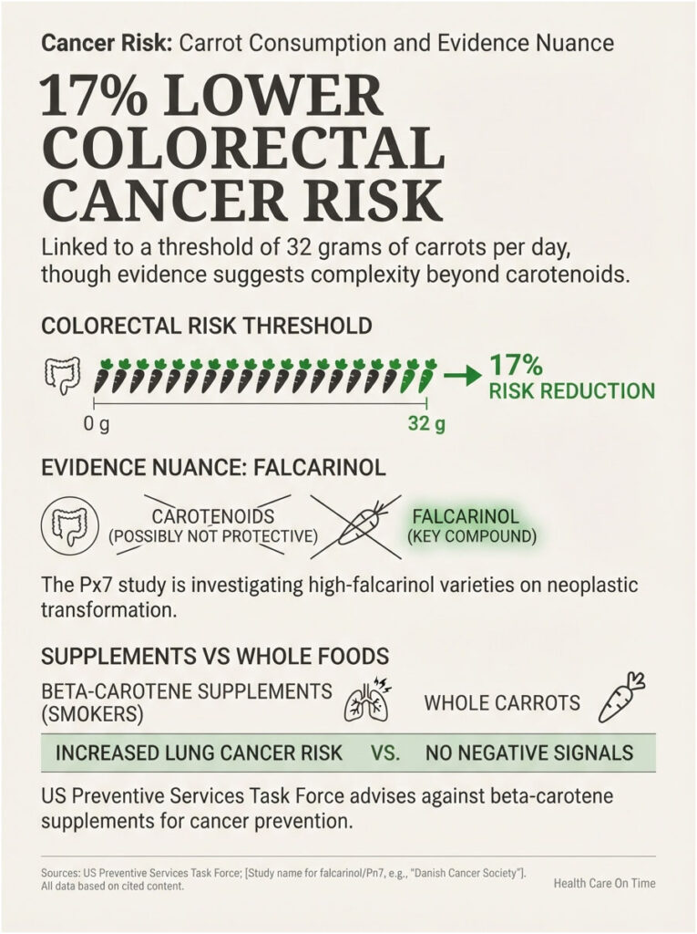 Infographic showing 17% lower colorectal cancer risk linked to 32 grams of carrots, highlighting falcarinol and food comparisons.