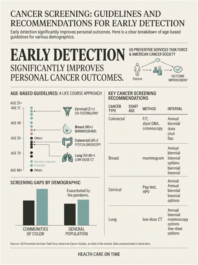 Infographic showing cancer screening guidelines by age, highlighting early detection and demographic gaps in screening.