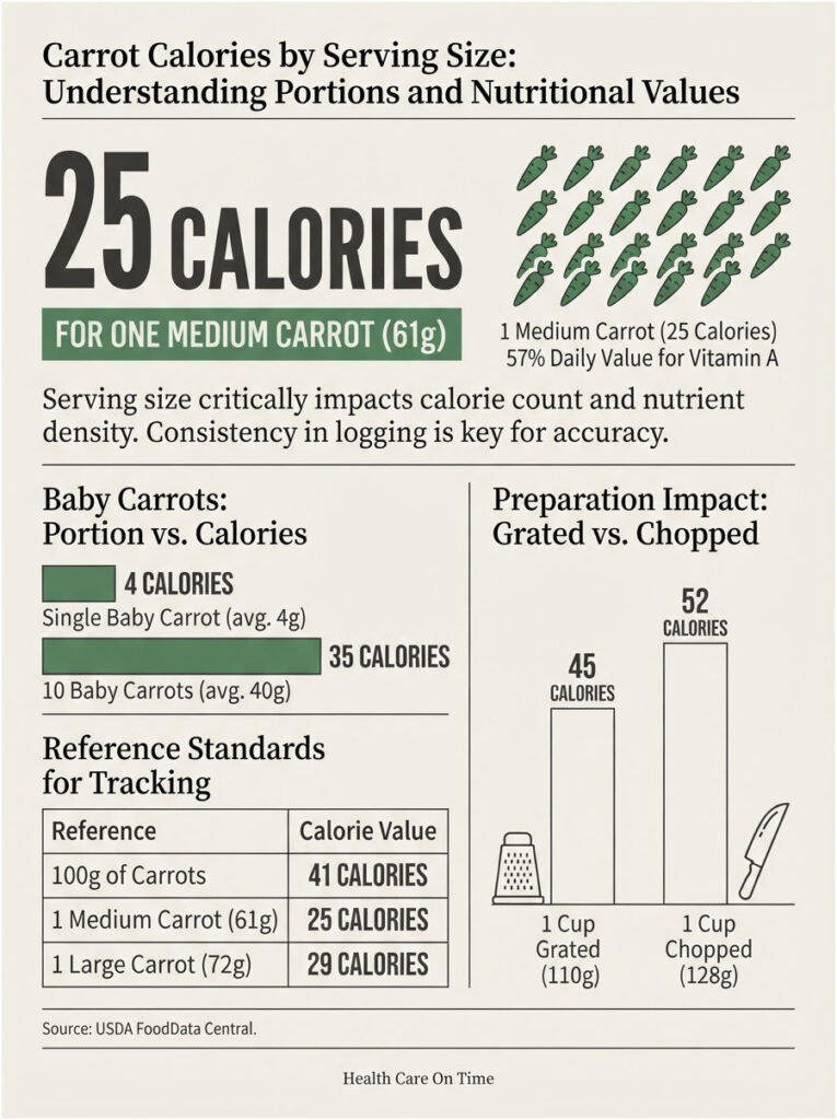 Infographic showing carrot calories by serving size, including data for medium and baby carrots, and preparation methods.