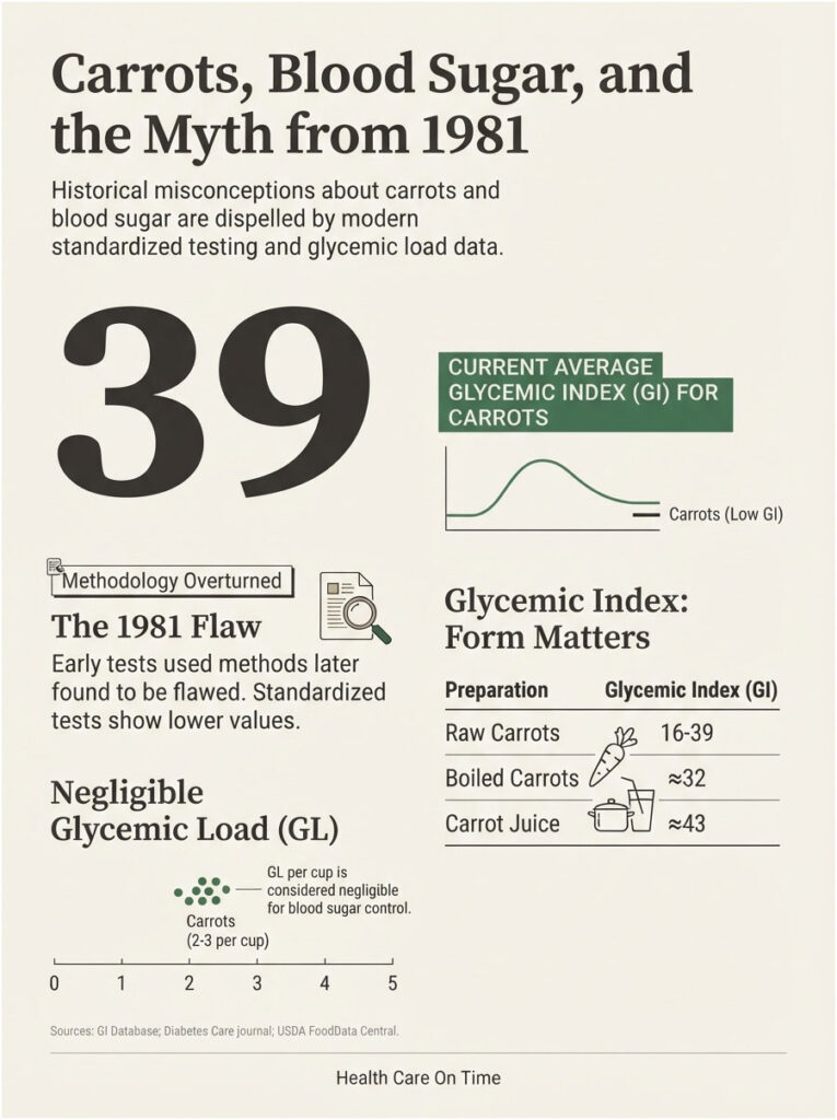 Infographic showing glycemic index data for carrots, including statistics and preparation methods.