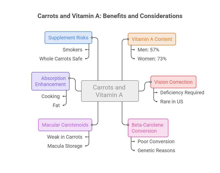 Infographic showing benefits and considerations of carrots and vitamin A, including statistics for men and women.