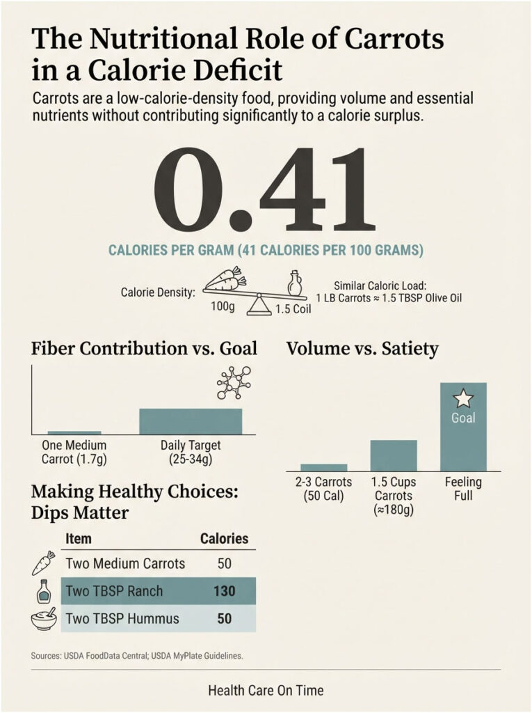 Infographic showing nutritional role of carrots, calorie density, fiber contribution, and healthy dip choices.