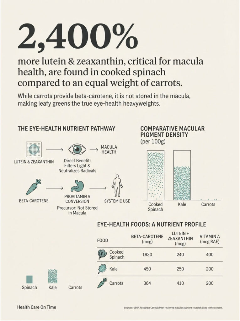 Infographic comparing eye-health nutrients in cooked spinach, kale, and carrots, highlighting lutein and zeaxanthin levels.