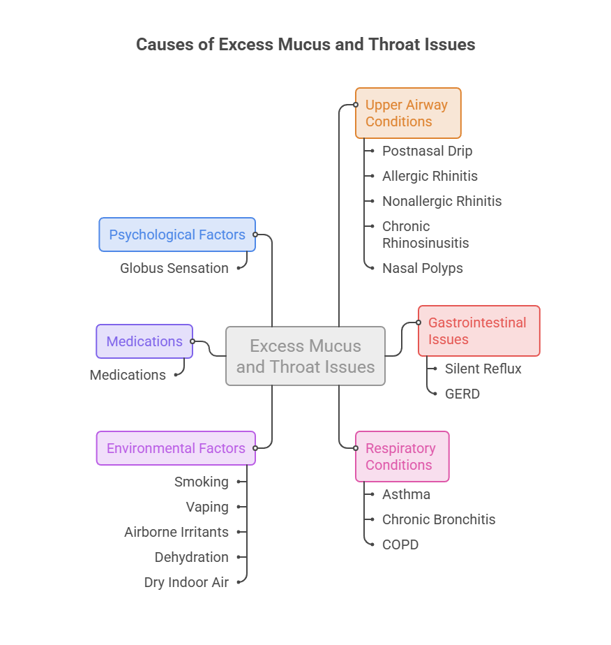 Infographic showing causes of excess mucus and throat issues, including psychological factors, medications, and environmental factors.