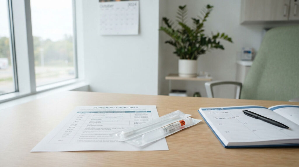A table with screening guidelines, a pen, a calendar, and a plant in a bright office setting.