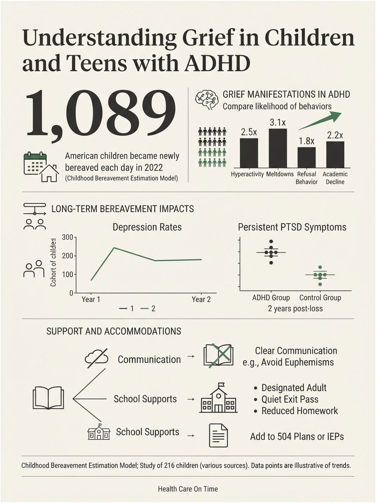 Infographic on grief in children with ADHD, showing statistics, graphs, and support strategies for bereavement.