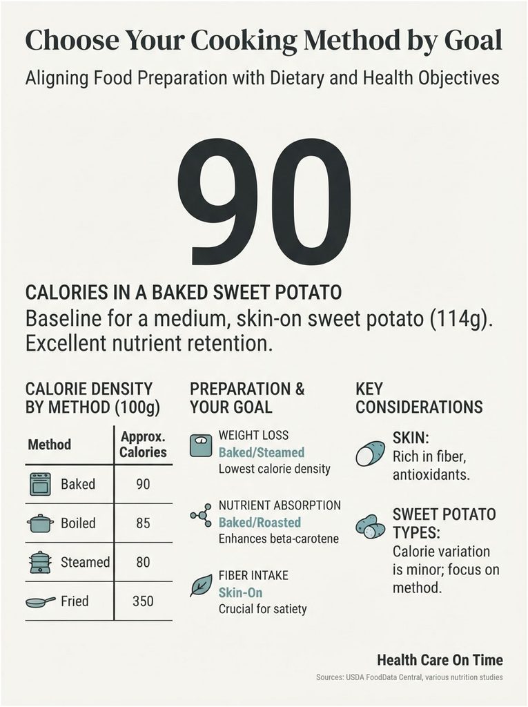 Infographic showing calorie density of cooking methods for sweet potatoes, highlighting baked, boiled, steamed, and fried.