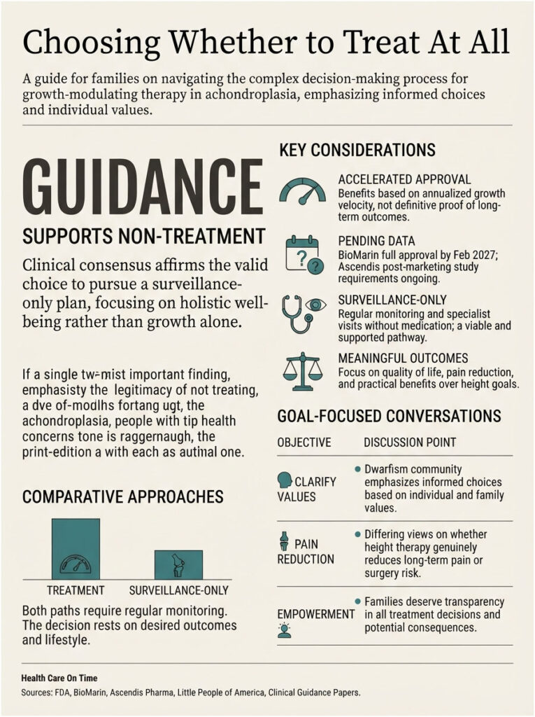 Infographic on treatment decisions for achondroplasia, highlighting guidance, key considerations, and comparative approaches.
