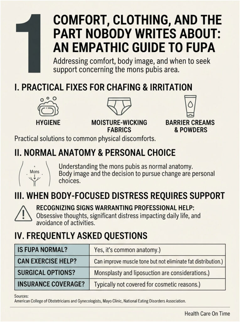 Infographic on comfort and support for FUPA, detailing hygiene, fabrics, and FAQs with icons and sections.