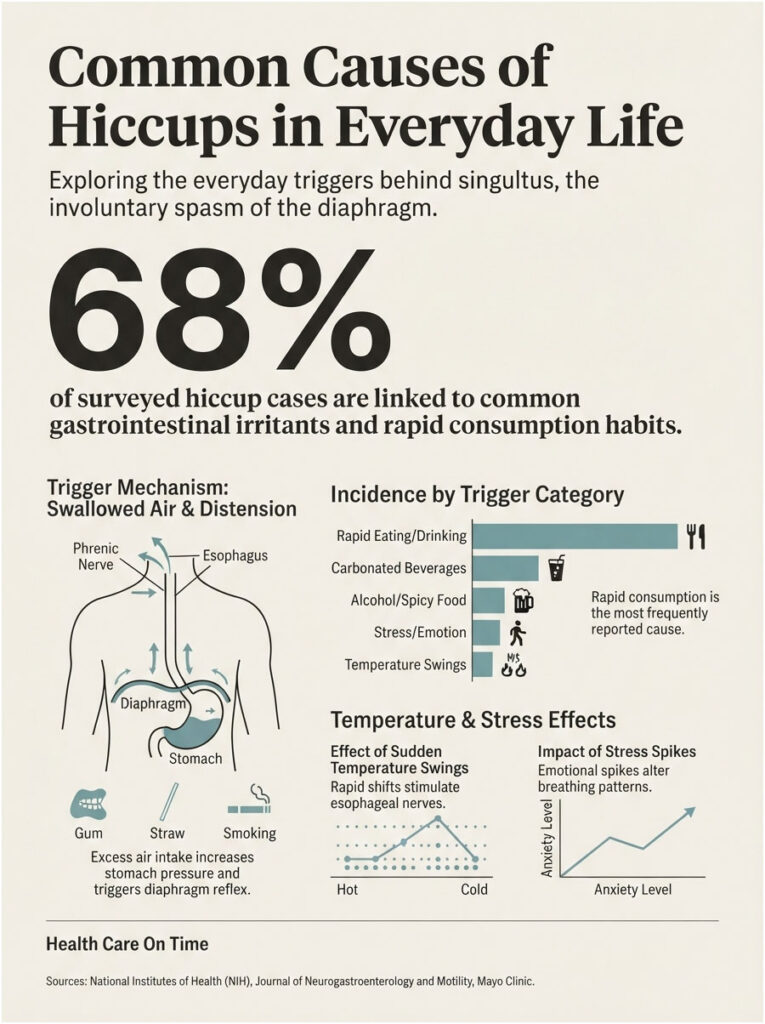 Infographic showing common causes of hiccups, including statistics and trigger categories like rapid eating and stress.