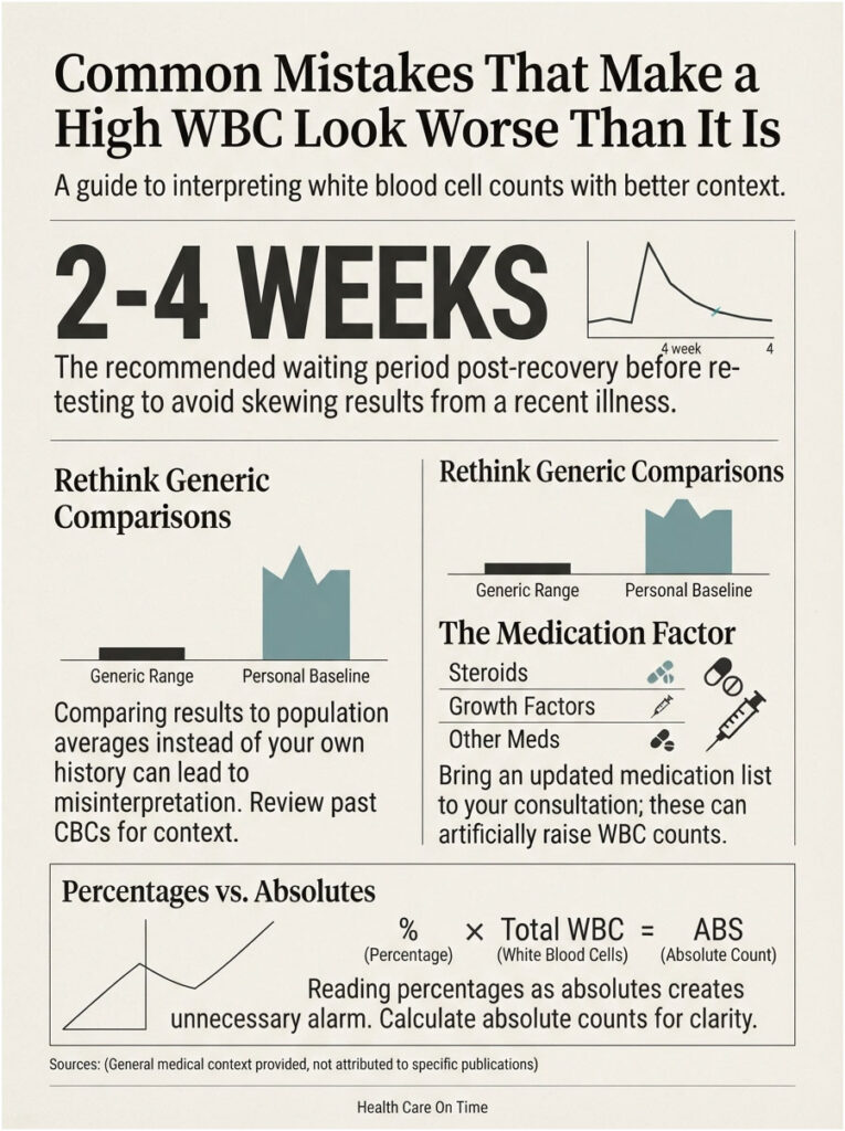 Infographic explaining common mistakes in interpreting high white blood cell counts with charts and guidelines.