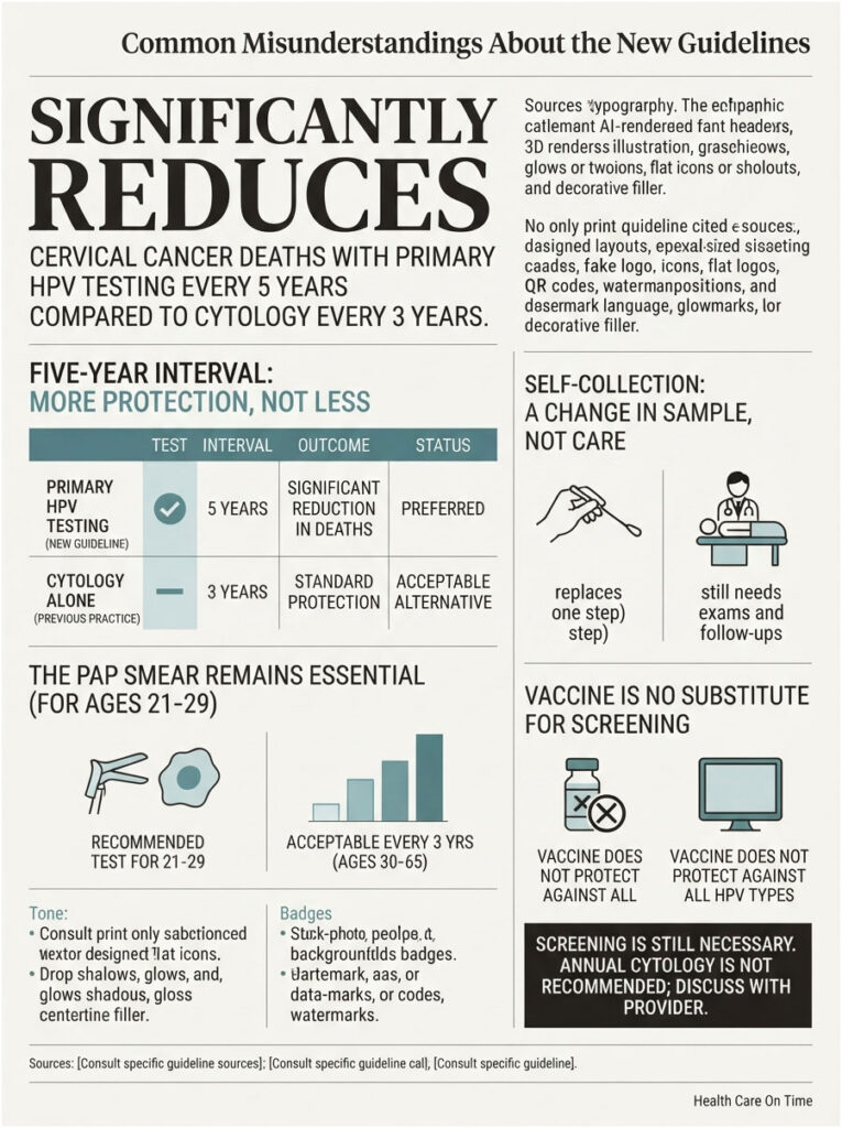 Infographic showing cervical cancer screening guidelines, comparing HPV testing and cytology intervals and outcomes.