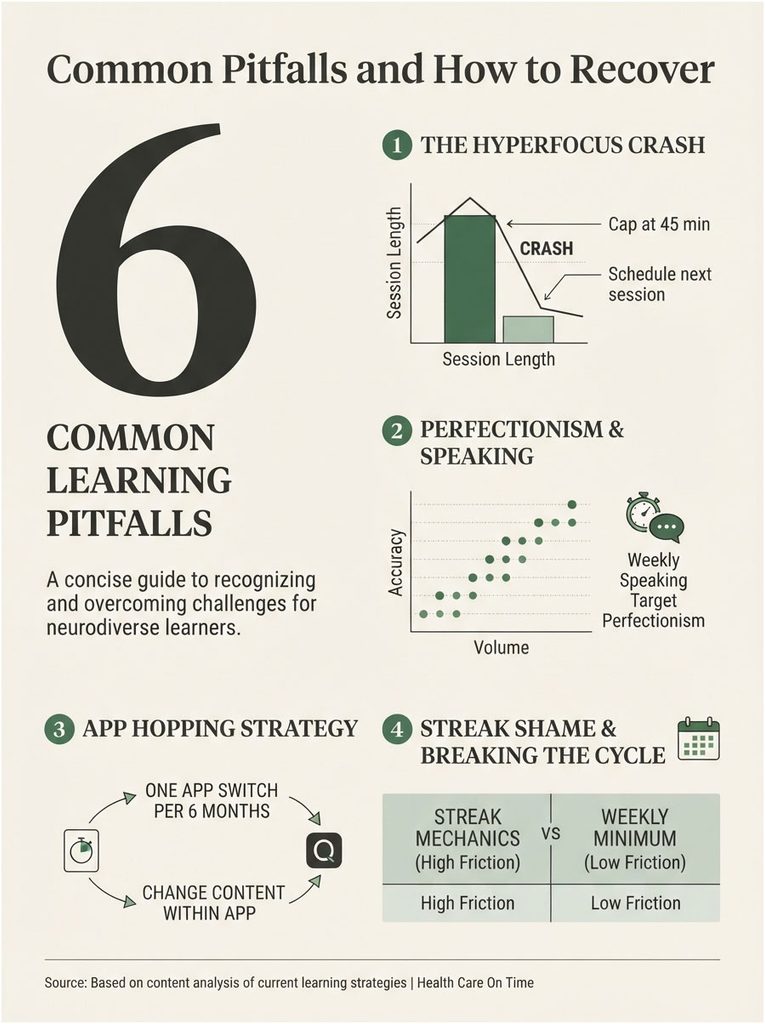 Infographic illustrating six common learning pitfalls and recovery strategies for neurodiverse learners, featuring charts and icons.