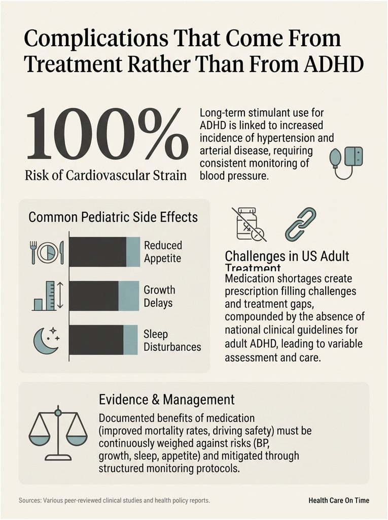 Infographic showing ADHD treatment risks, including 100% cardiovascular strain risk and common side effects like reduced appetite.