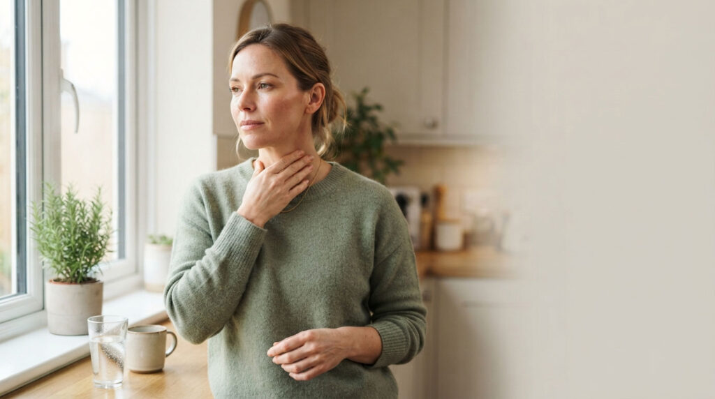 Woman in a green sweater touches her throat while standing by a window in a bright kitchen.