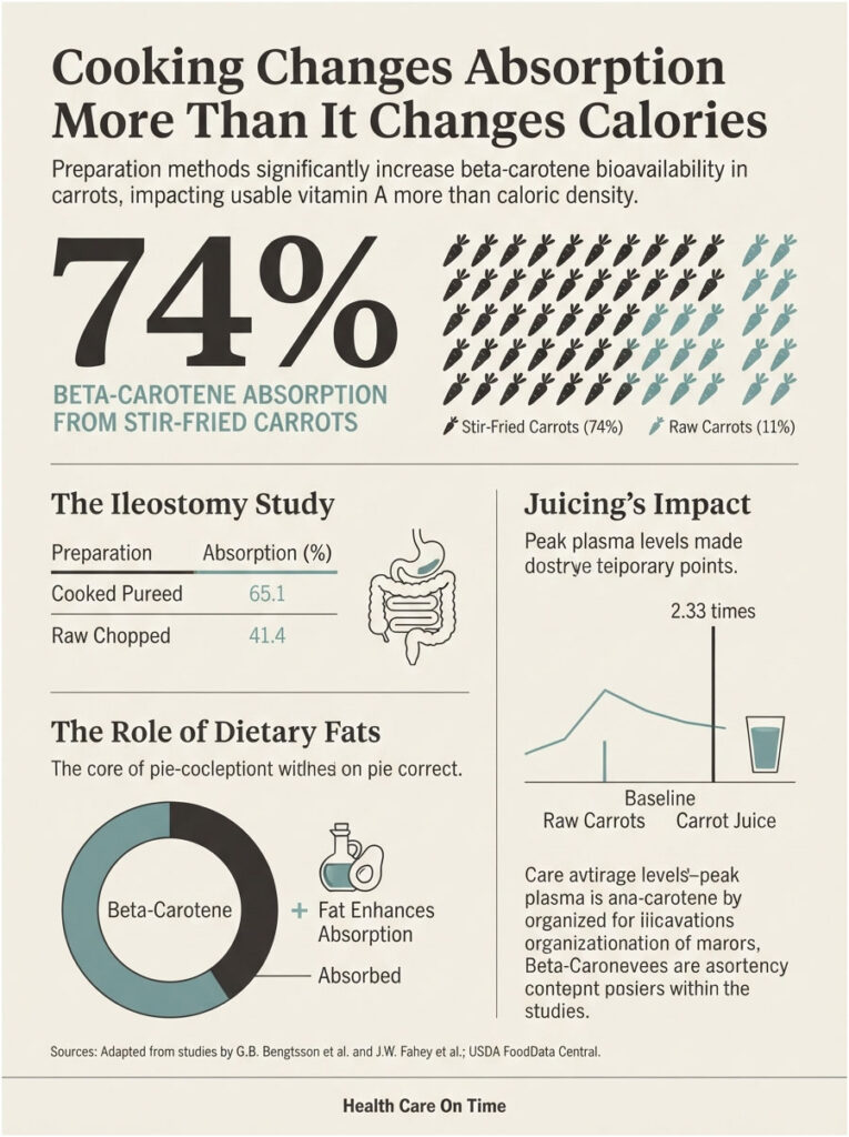 Infographic showing beta-carotene absorption from stir-fried and raw carrots, with preparation methods and statistics.