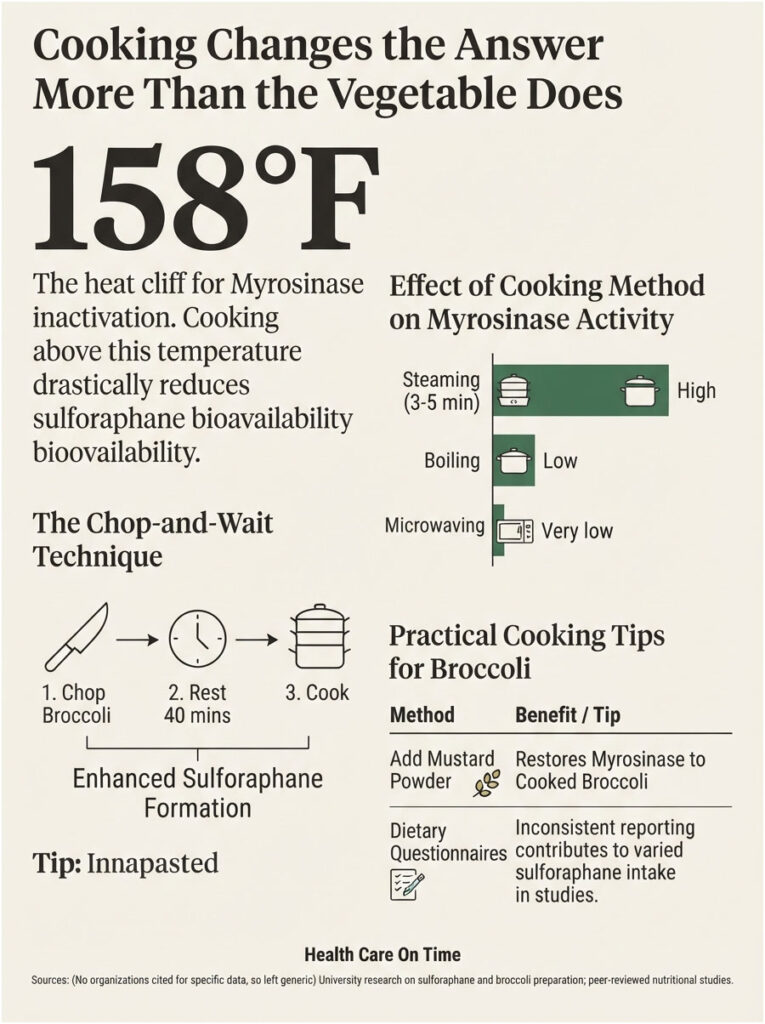 Infographic showing cooking effects on myrosinase activity, including tips for broccoli preparation and temperature data.