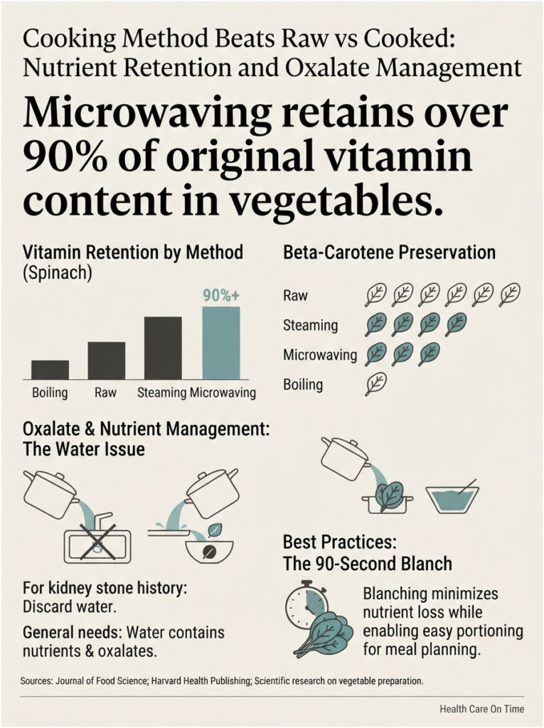 Infographic showing nutrient retention in vegetables by cooking method with charts and illustrations about oxalates.