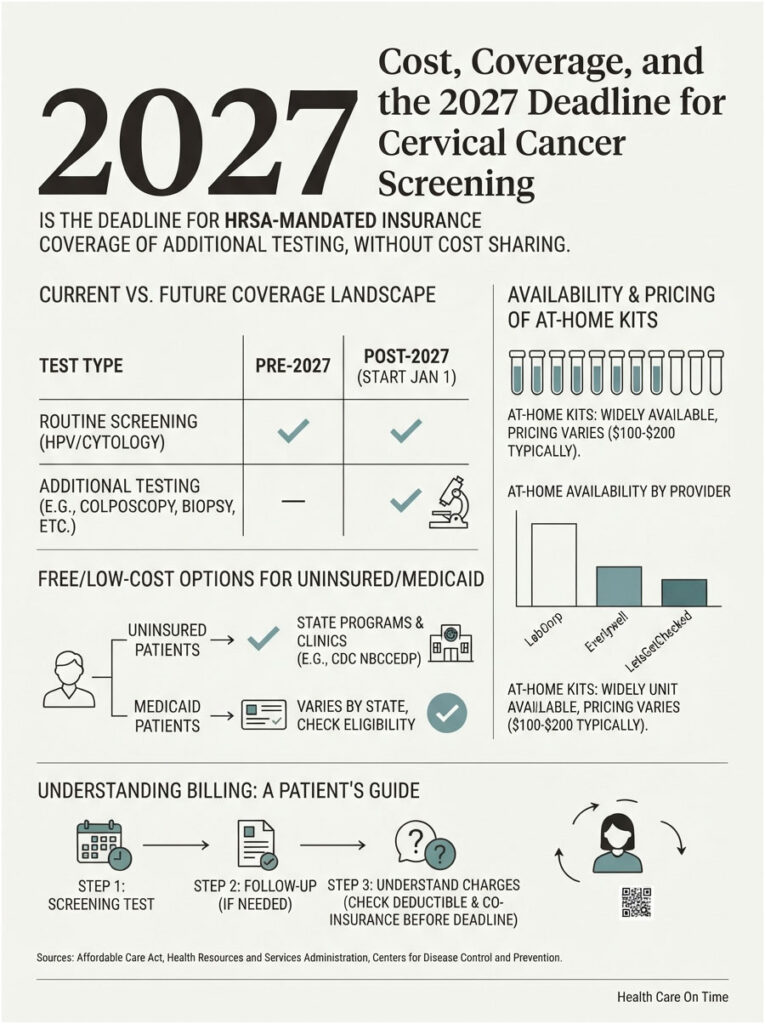 Infographic detailing 2027 cervical cancer screening coverage, costs, and at-home kit availability with charts and icons.