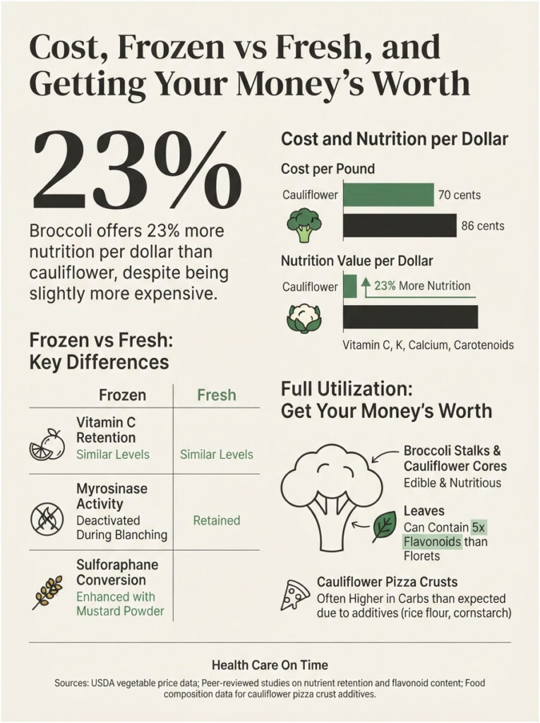Infographic comparing cost and nutrition of broccoli and cauliflower, highlighting key differences in frozen vs fresh.