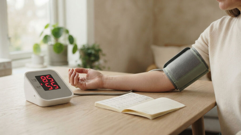 A person measures blood pressure with a digital monitor on a wooden table, with a notebook nearby.