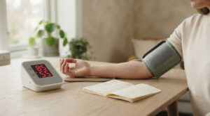 A person measures blood pressure with a digital monitor on a wooden table, with a notebook nearby.
