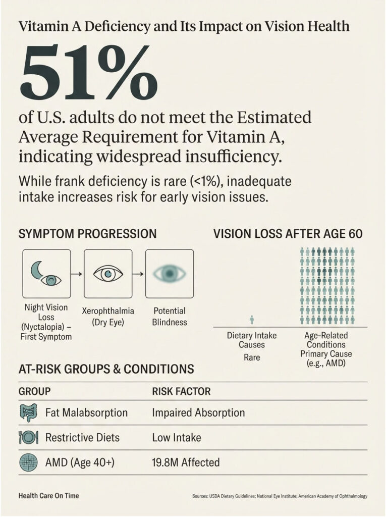 Infographic showing Vitamin A deficiency impact on vision health, including statistics and symptom progression.