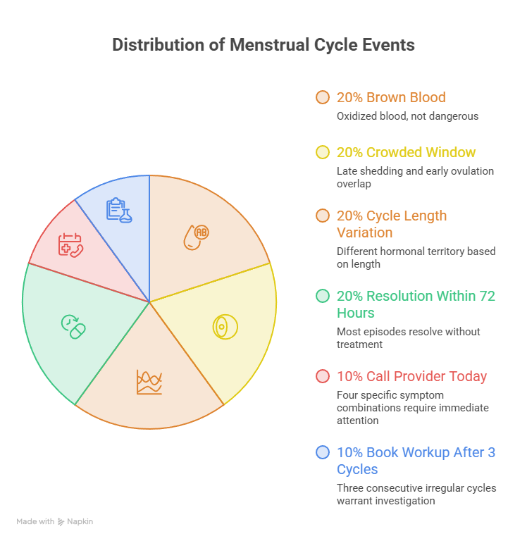 Pie chart showing distribution of menstrual cycle events with percentages and descriptions for each segment. Infographic.