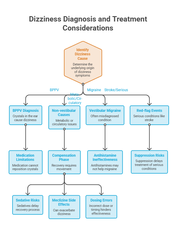 Infographic detailing dizziness diagnosis causes and treatment options, including BPPV and migraines.