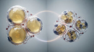 Three translucent cells with yellow centers and red filaments against a soft gray background.
