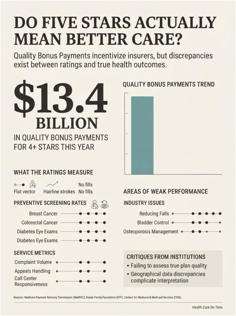 Infographic showing $13.4 billion in quality bonus payments, screening rates, and areas of weak performance in healthcare.