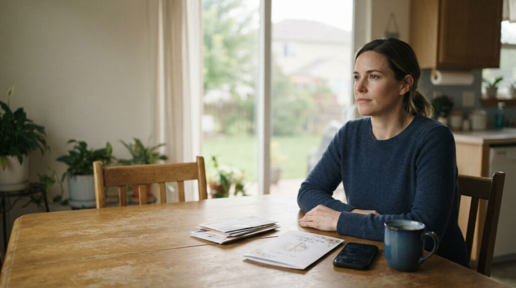 A woman sits at a wooden table with papers and a coffee mug, looking thoughtfully out a window.