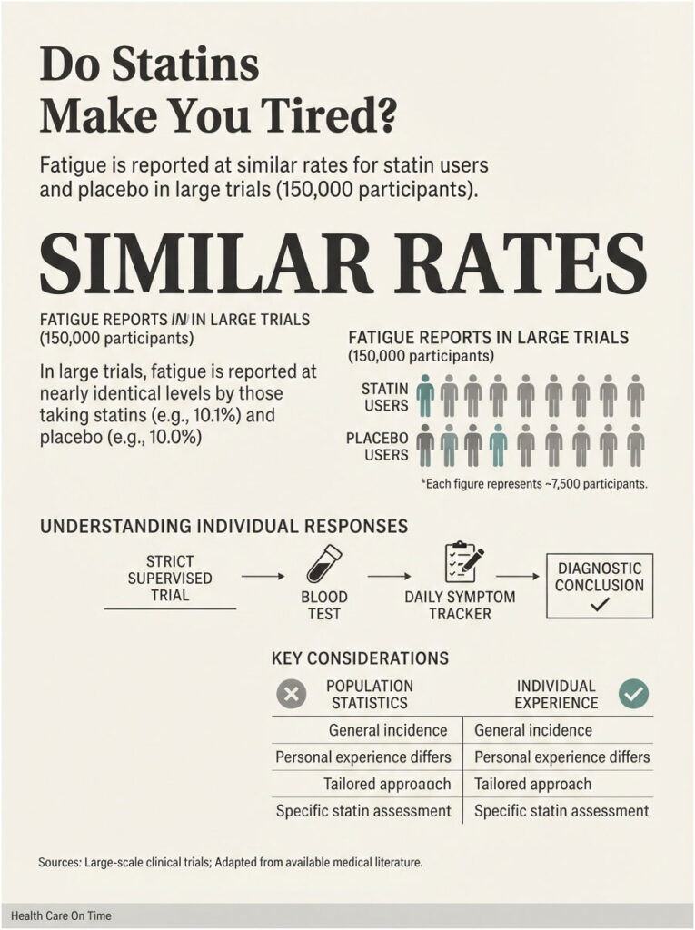 Infographic showing fatigue rates in statin users vs. placebo, with charts and key considerations for individual responses.