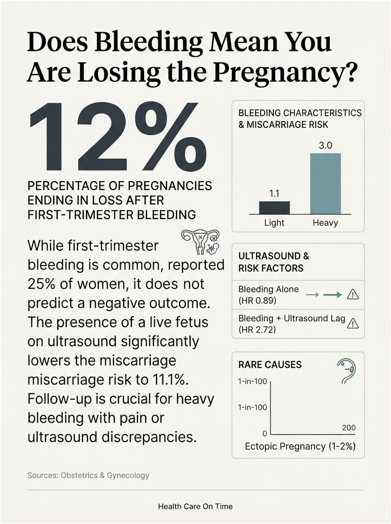 Infographic showing miscarriage risk statistics related to first-trimester bleeding and ultrasound findings.