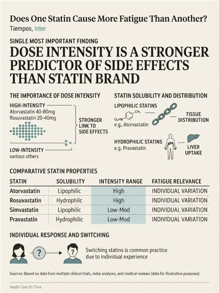 Infographic comparing statin medications, highlighting dose intensity and side effects with charts and icons.