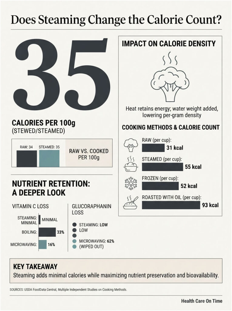 Infographic showing calorie counts for steamed and raw foods, nutrient retention, and cooking methods' impact on calories.