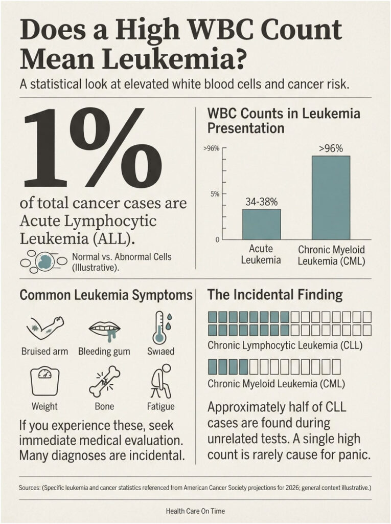 Infographic showing leukemia statistics, symptoms, and WBC counts with charts and icons illustrating key points.