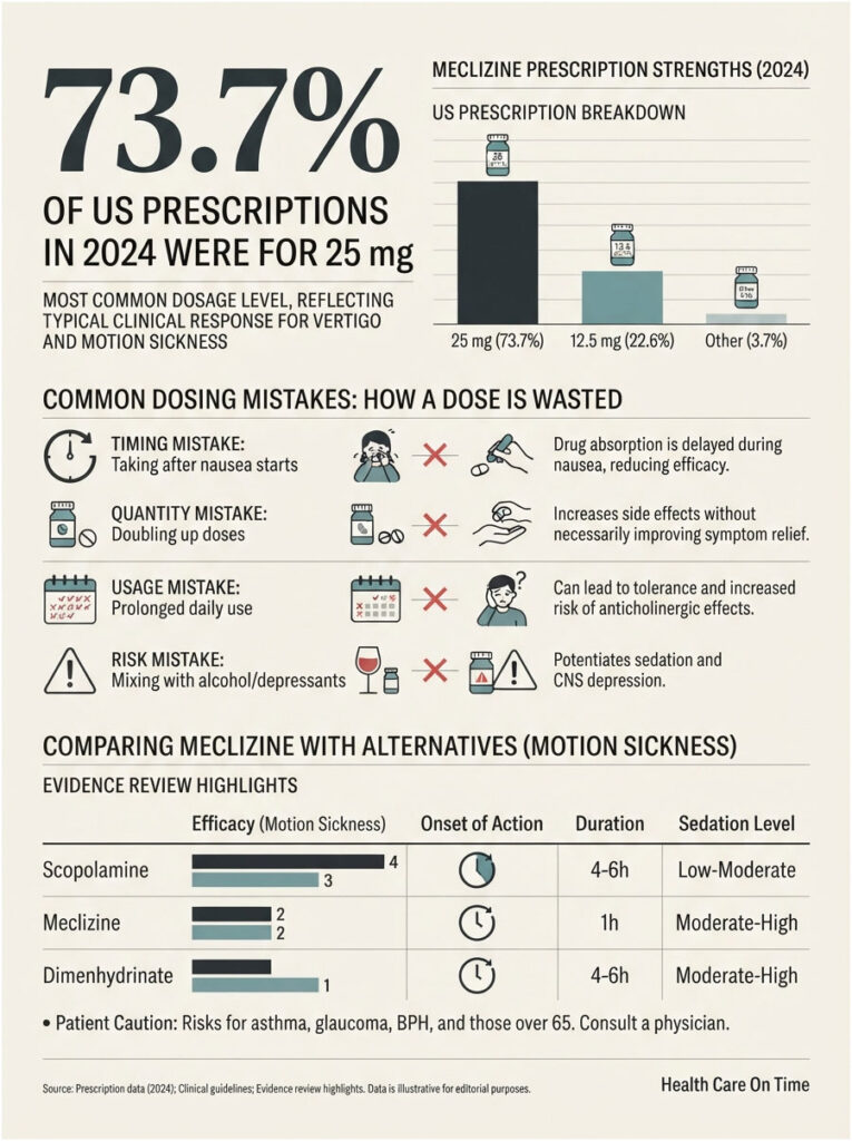 Infographic showing Meclizine prescription statistics and common dosing mistakes for motion sickness treatment.