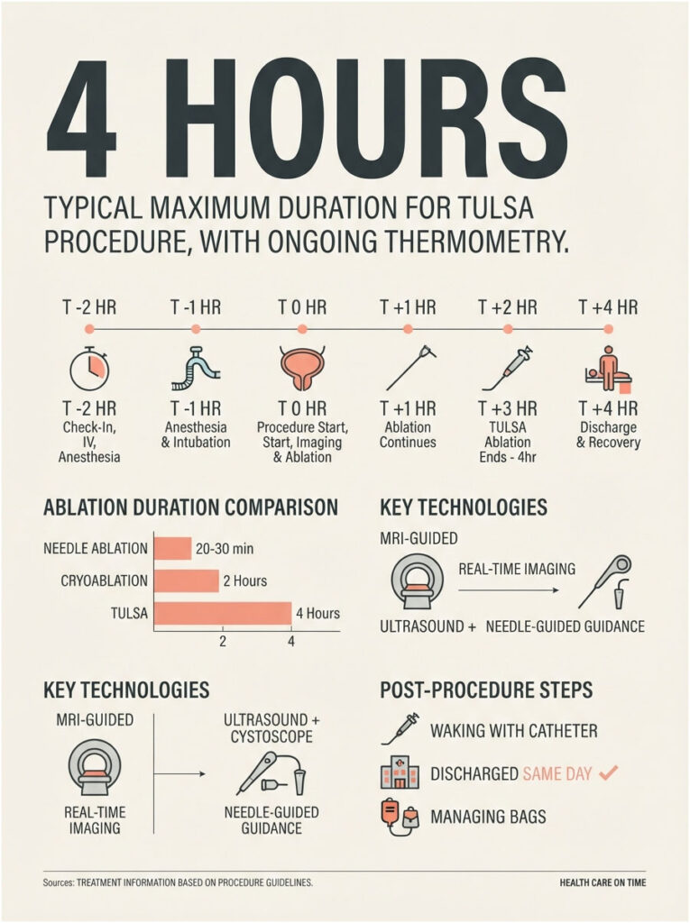 Infographic showing the 4-hour timeline for the TULSA procedure, including steps and ablation duration comparison.
