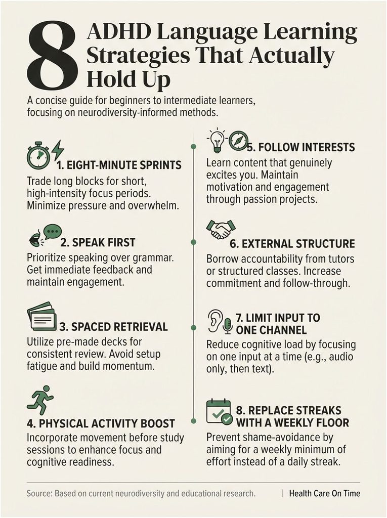 Infographic listing 8 ADHD language learning strategies with icons and brief descriptions for each strategy.