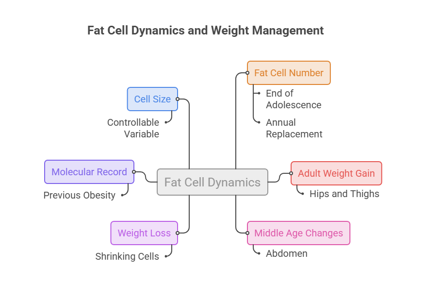 Infographic illustrating fat cell dynamics and weight management with labeled sections on cell size, fat cell number, and weight loss.
