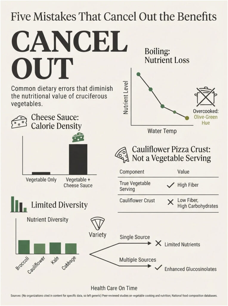 Infographic showing five dietary mistakes that reduce cruciferous vegetable benefits, including charts and icons.