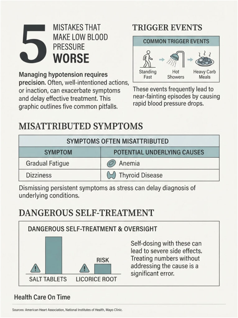 Infographic showing five mistakes that worsen low blood pressure, including symptoms and self-treatment risks.