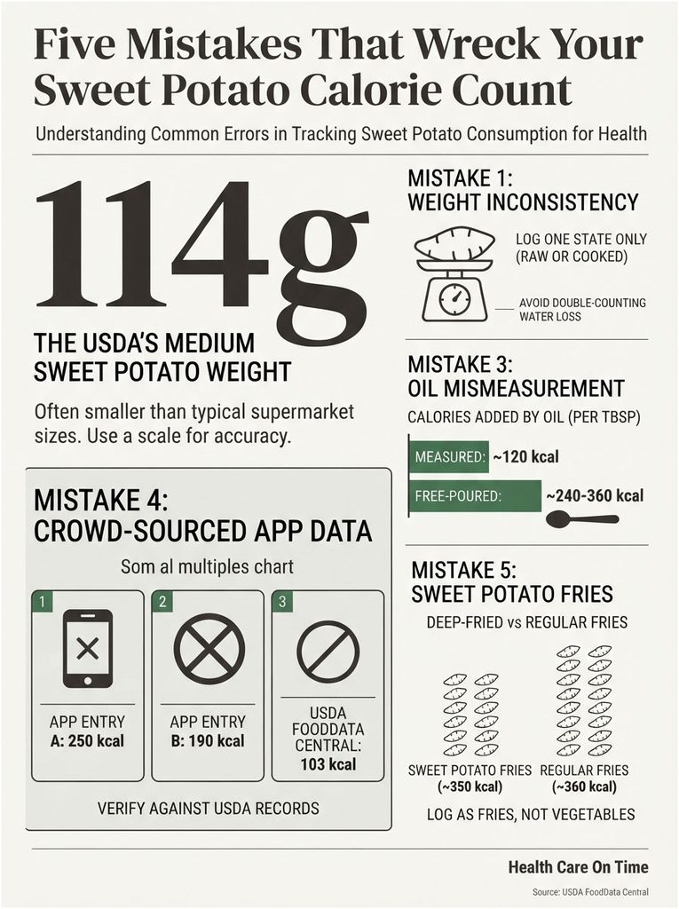 Infographic showing five mistakes in tracking sweet potato calorie counts with data and illustrations.